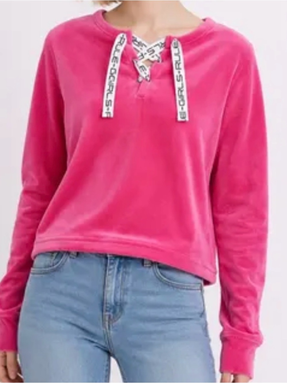 Ideology Velour Lace-Up Pullover in Bright Pink